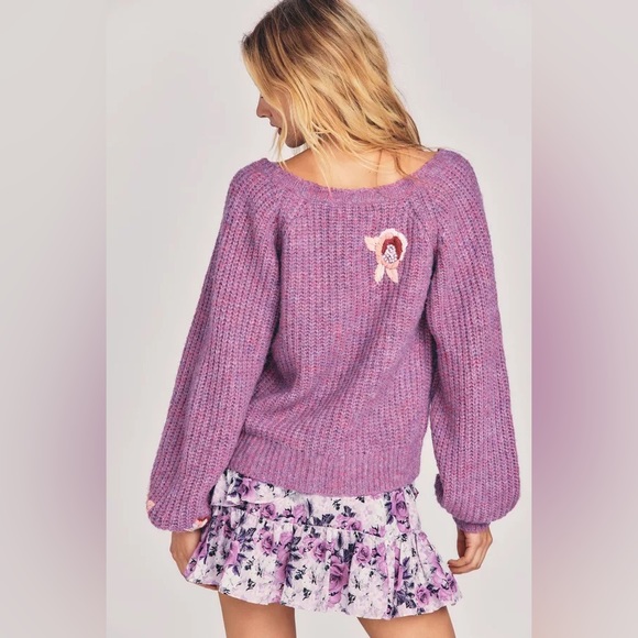 LoveShackFancy Snow Kiss Embroidered Brookie Wool-Blend Cardigan in Purple - Picture 2 of 6